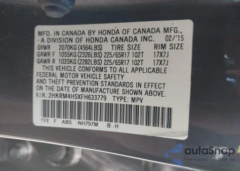 2015 Honda Cr-V Ex from USA, damaged, VIN 2HKRM4H5XFH633779